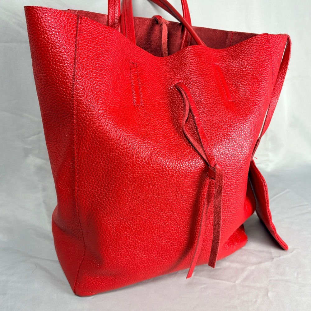 Vera Pelle Red Pebbled Leather Tote Bag Made in Italy Shopper w/  Pouch Boho